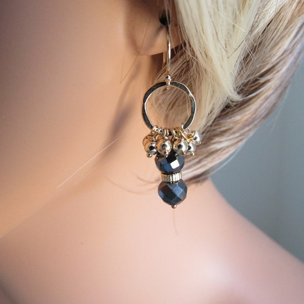 Two Tone Sparkling Round Hematite and 14 karat gold filled Drop Earrings Gift for Her