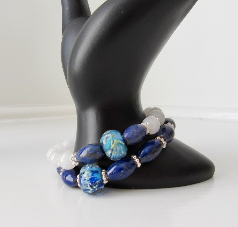 BLUE LAPIS Lazuli and White JADE Lampwork Easy Luxe Sterling Silver Stretch Stacking Bracelet