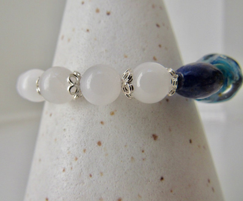 BLUE LAPIS Lazuli and White JADE Lampwork Easy Luxe Sterling Silver Stretch Stacking Bracelet