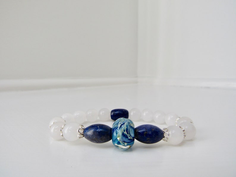 BLUE LAPIS Lazuli and White JADE Lampwork Easy Luxe Sterling Silver Stretch Stacking Bracelet