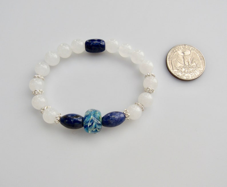 BLUE LAPIS Lazuli and White JADE Lampwork Easy Luxe Sterling Silver Stretch Stacking Bracelet