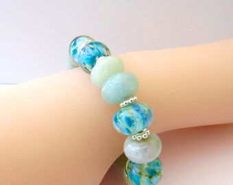 Aquamarine and Lampwork beads Stretch Bracelet in Sterling Silver March Birthstone Gift for Her