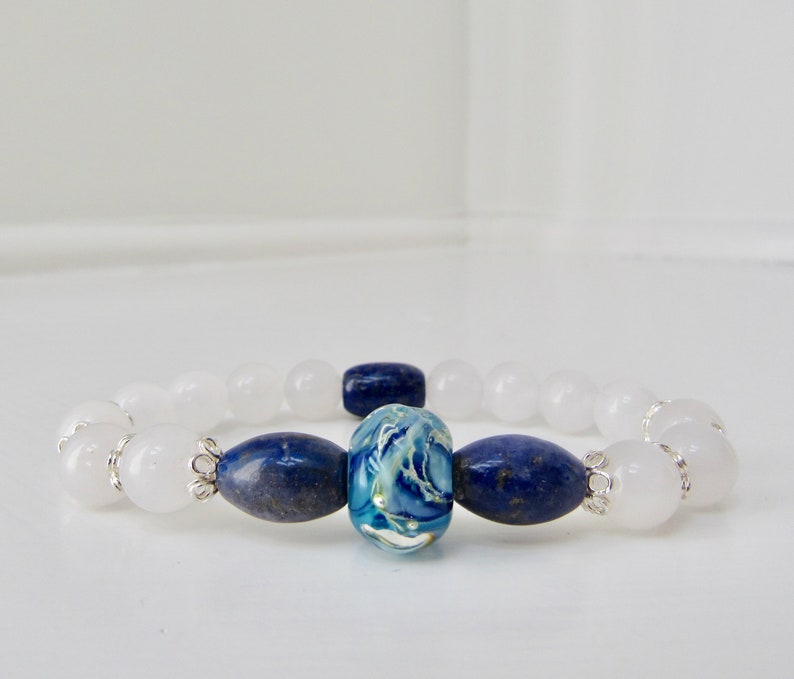 BLUE LAPIS Lazuli and White JADE Lampwork Easy Luxe Sterling Silver Stretch Stacking Bracelet