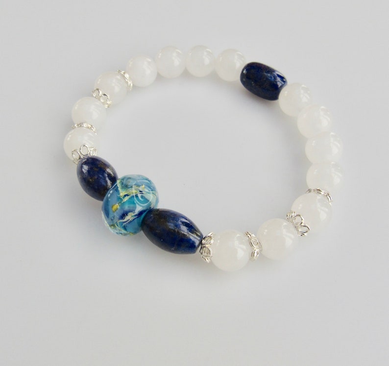 BLUE LAPIS Lazuli and White JADE Lampwork Easy Luxe Sterling Silver Stretch Stacking Bracelet