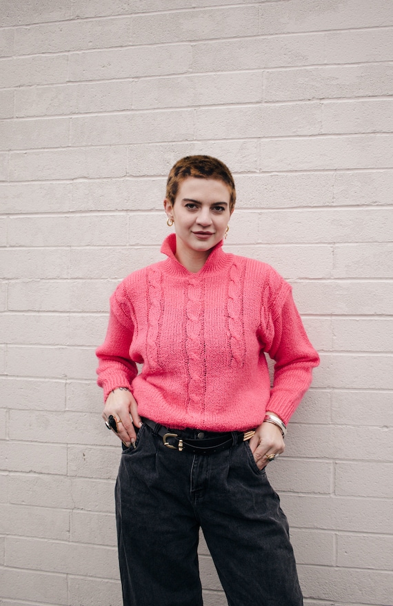 Vintage Women's Neon Pink Collared Sweater