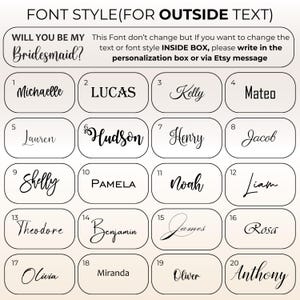 May include: A font style chart for custom text featuring twenty numbered options in black ink on a light background. The header reads FONT STYLE(FOR OUTSIDE TEXT) and includes instructions for changing text or font style inside the box.
