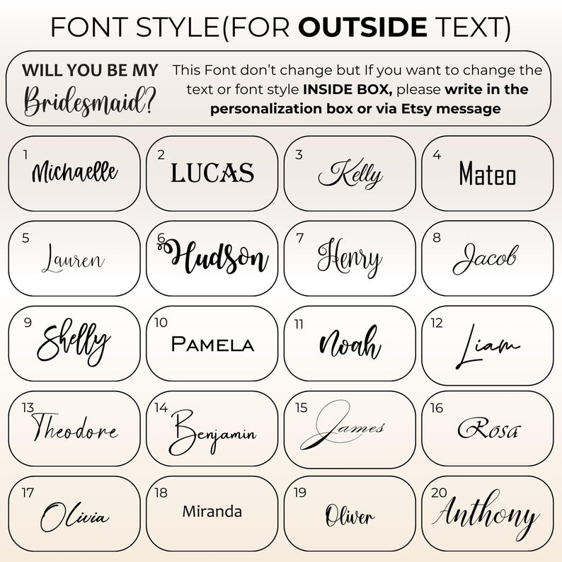 May include: A font style chart for custom text featuring twenty numbered options in black ink on a light background. The header reads FONT STYLE(FOR OUTSIDE TEXT) and includes instructions for changing text or font style inside the box.