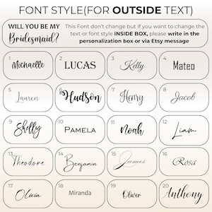 Pode incluir: Gr&aacute;fico com o texto "FONT STYLE (FOR OUTSIDE TEXT)" e "WILL YOU BE MY Bridesmaid?" com uma lista de nomes em caixas. Os nomes incluem Michaelle, Lucas, Kelly, Mateo, Lauren, Hudson, Henry, Jacob, Shelly, Pamela, Noah, Liam, Theodore, Benjamin, James, Rosa, Olivia, Miranda, Oliver e Anthony.