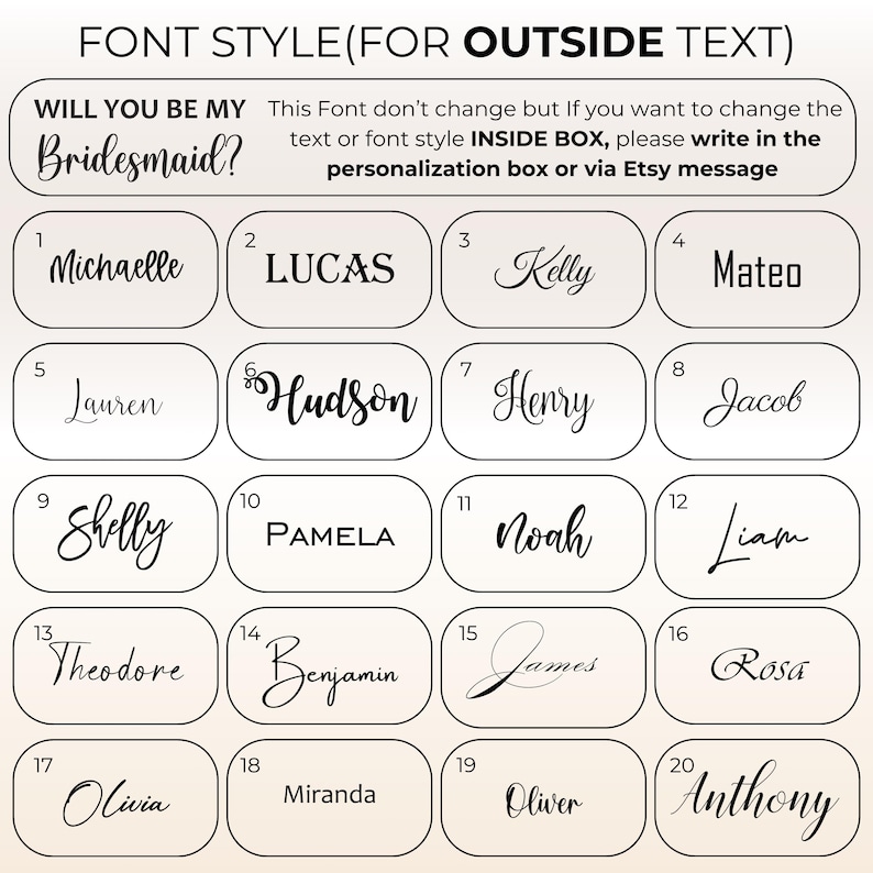 Pode incluir: Gr&aacute;fico com o texto "FONT STYLE (FOR OUTSIDE TEXT)" e "WILL YOU BE MY Bridesmaid?" com uma lista de nomes em caixas. Os nomes incluem Michaelle, Lucas, Kelly, Mateo, Lauren, Hudson, Henry, Jacob, Shelly, Pamela, Noah, Liam, Theodore, Benjamin, James, Rosa, Olivia, Miranda, Oliver e Anthony.