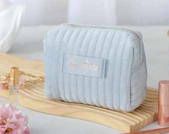 Corduroy Make Up Bags, Wedding Cosmetic Bag, Birthday Gift, Travel Velvet Toiletry Bag, Something Blue Gift