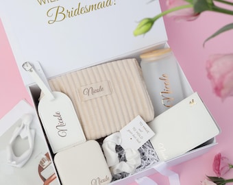Personalized Bridesmaid Proposal Box: Jewelry Box, Makeup Bag, Glass Wine Tumbler, Passport Cover