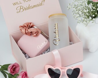 Bridesmaid Proposal Gift Box Set Glass Tumbler, Jewelry Case, Maid of Honor Gift, Something Blue Basket