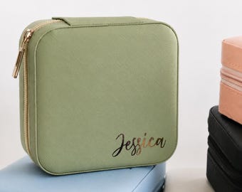Personalized Green Travel Jewelry Case, Small Earring Necklace Box