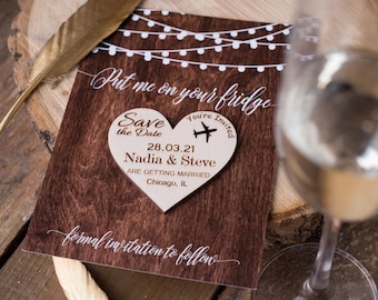 Personalized Rustic Wood Heart Save the Date Magnet with Card, Envelope