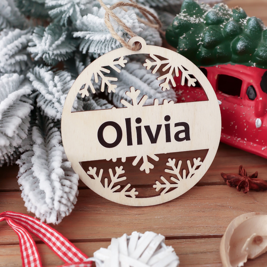 Personalized Name Wood Ornament, Round Ornament With Name, Personalized Name Snowflake, Print ...