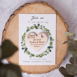 Save The Date for Rustic Wedding Party Wood Heart Shape Magnet with Custom Card and Envelope Personalized Wedding Invitation Gift for Guests