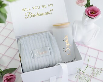 Something Blue Gift, Bridesmaid Proposal Set, Travel Makeup Bag, Frosted Glass Wine Tumbler, Quinceanera Gift