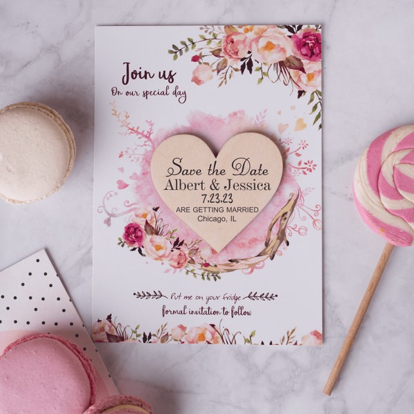 "Retenez cette date coeur, "Retenez cette date personnalisé", faire-part de mariage Aimant "Retenez cette date" en bois avec cartes "Retenez cette date" Magnets "Retenez cette date" Cartes de mariage