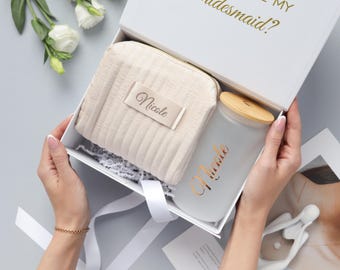 Maid of Honor Gift Box , Bridesmaids Proposal : Ivory Make Up Bag, Glass Tumbler,  Flower Girl Box