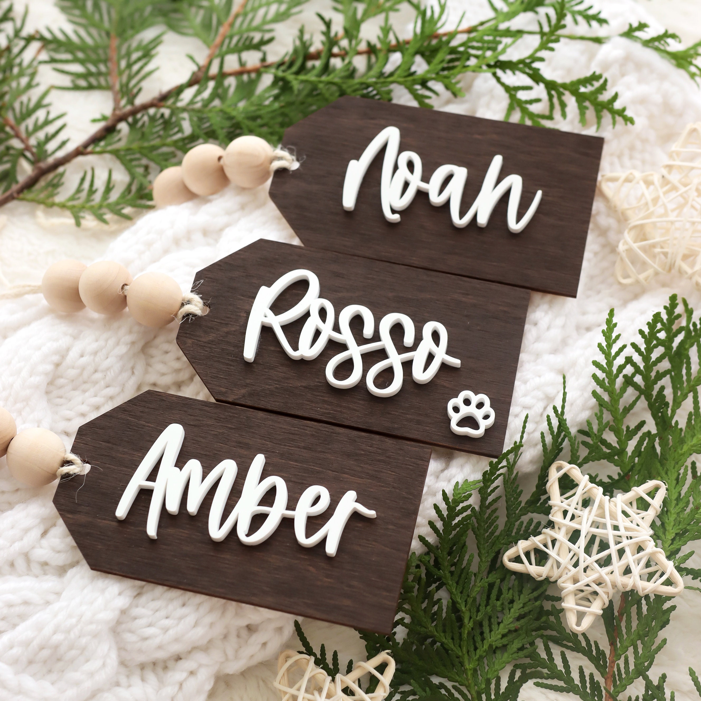 Christmas Stocking Name Tags Personalied Order 1 or More for  the Entire Family & Pet. Handcrafted Wood with Bead and Jute. Choose Tag  with 3D Cutout(Natural, Tag Style with Bead) 