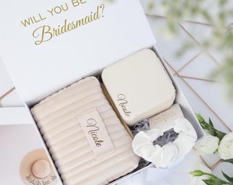 Bridesmaids Travel Gift Box, Will be My Maid of Honor: Ivory Make Up Bag, Jewerly Box