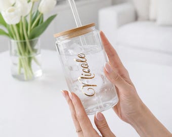Frosted Glass Tumbler , Bamboo Lid Coffee Cup, Friends Back To School Gift, Name Tumbler
