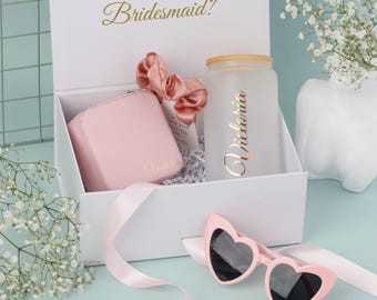 Bridesmaid Proposal Gift Box Set Glass Tumbler, Jewelry Case, Maid of Honor Gift, Something Blue Basket