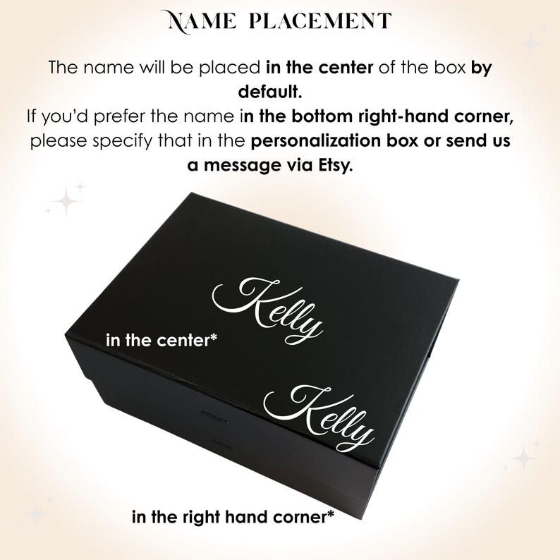 Pode incluir: Uma caixa de presente preta com o nome "Kelly" em escrita branca, centralizado e no canto inferior direito. O texto acima da caixa explica as op&ccedil;&otilde;es de coloca&ccedil;&atilde;o do nome. A caixa est&aacute; fechada e assenta num fundo claro.