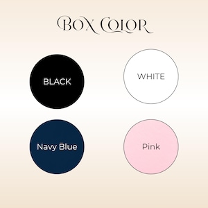 Pode incluir: Imagem mostrando quatro op&ccedil;&otilde;es de cores para uma caixa: preto, branco, azul marinho e rosa. Cada cor &eacute; apresentada dentro de uma forma circular, com o nome da cor escrito em texto branco dentro de cada c&iacute;rculo. O texto "BOX COLOR" est&aacute; no topo.