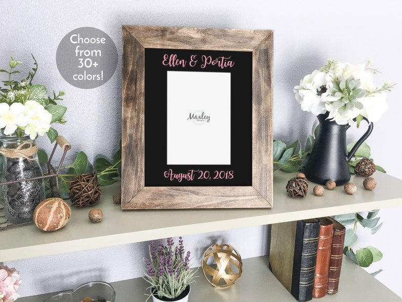 Wedding Engagement Gift Personalized Lesbian Photo Mat with Brides Names and Date with Optional Rustic Barnwood Finish Picture Frame