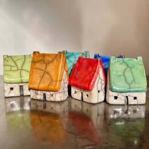 Raku mini cottages with coloured roof by Nathalie Hamill