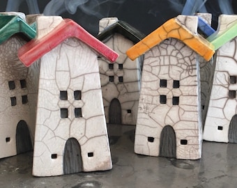 Raku ceramic house cone incense burners by Nathalie Hamill