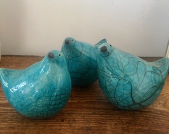 Raku turquoise love birds by Nathalie Hamill