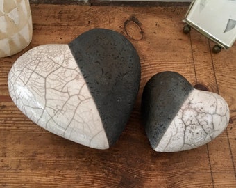 Pebble Raku black and white heart by Nathalie Hamill