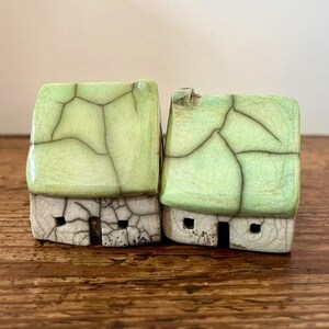 Raku mini house with lime-green roof by Nathalie Hamill one chimney