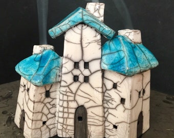 Raku ceramic three houses cone incense burner with turquoise roofs by Nathalie Hamill