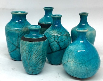 Mini Turquoise Raku bottles by Nathalie Hamill