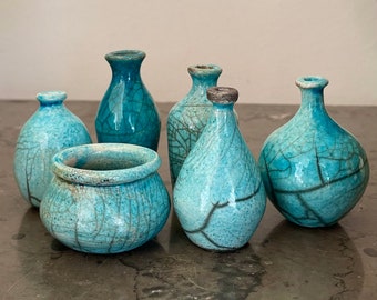 Mini  white Raku turquoise bottles by Nathalie Hamill