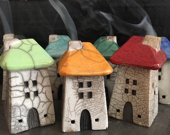 Raku ceramic little house cone incense burner with thatched roof in different colours by Nathalie Hamill