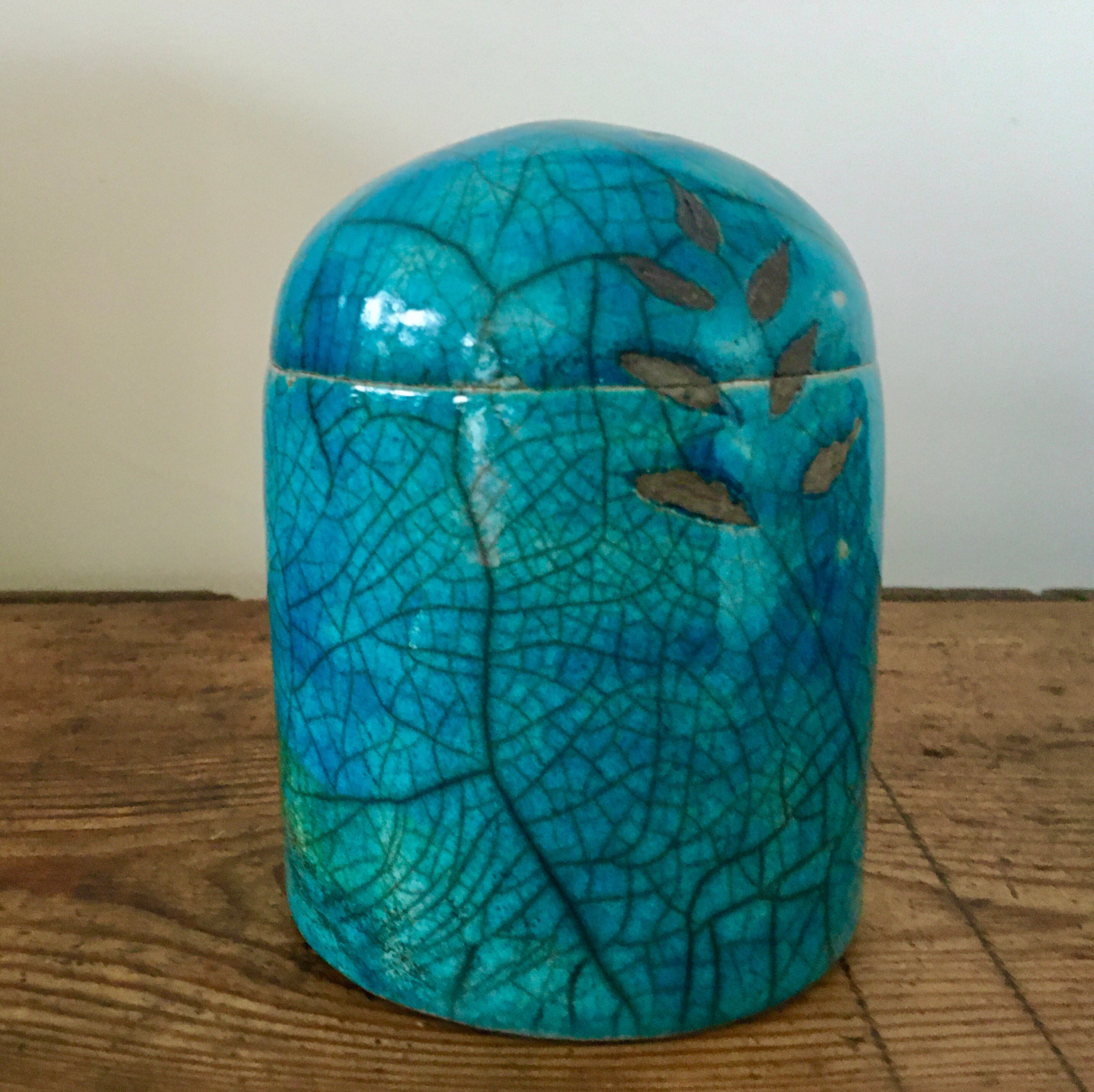 Raku turquoise lidded pot with acacia leaves Nathalie Hamill | Etsy