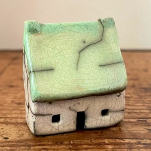 Raku mini house with lime-green roof by Nathalie Hamill two chimneys