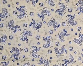 Judaica Fabric, Dove with Olive Branch, Shalom, Blue and Silver