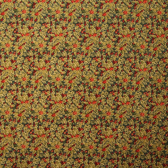 Christmas Candy Canes Holly Gold Accented Cotton Fabric Fabriquilt By The Yard