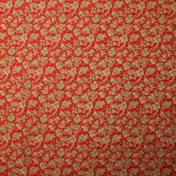 Christmas Candy Canes Holly Gold Accented Cotton Fabric Fabriquilt By The Yard