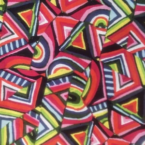 May include: Abstract geometric pattern with a repeating design of colorful triangles and squares. The pattern is made up of bright colors, including red, green, blue, yellow, and pink.