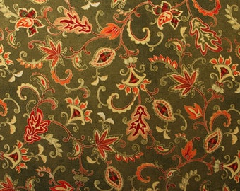 Fall Design Floral on Green Fabric, Autumn Song, by Sandy Lynam Clough, Fabric by the Yard
