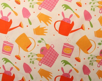 Spring Garden Fabric, Gardening Tools, Garden by David Walker Studios for Free Spirit, Fabric by the Yard