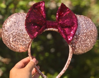 Rose Gold Sequin with Maroon Bow Minnie Mouse Ears