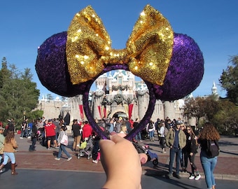 Purple Sequin with Gold Bow Minnie Mouse Ears