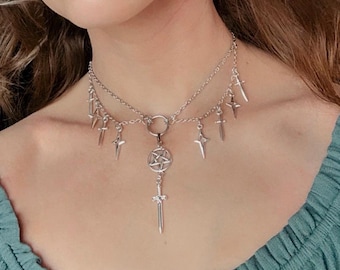 Nyarlethotep Choker: Silver Dagger & Star Statement Necklace